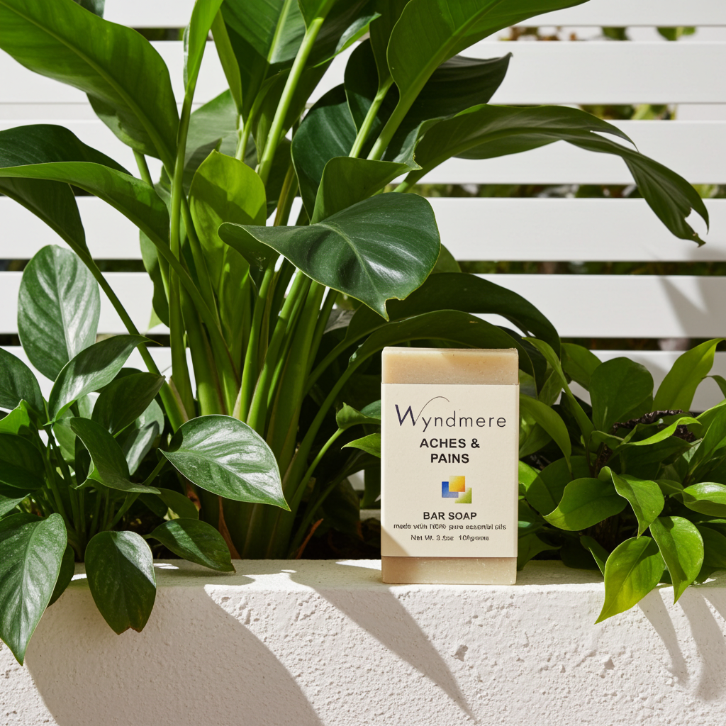 Wyndmere Aches & Pains bar soap on a white surface with green plants in the background