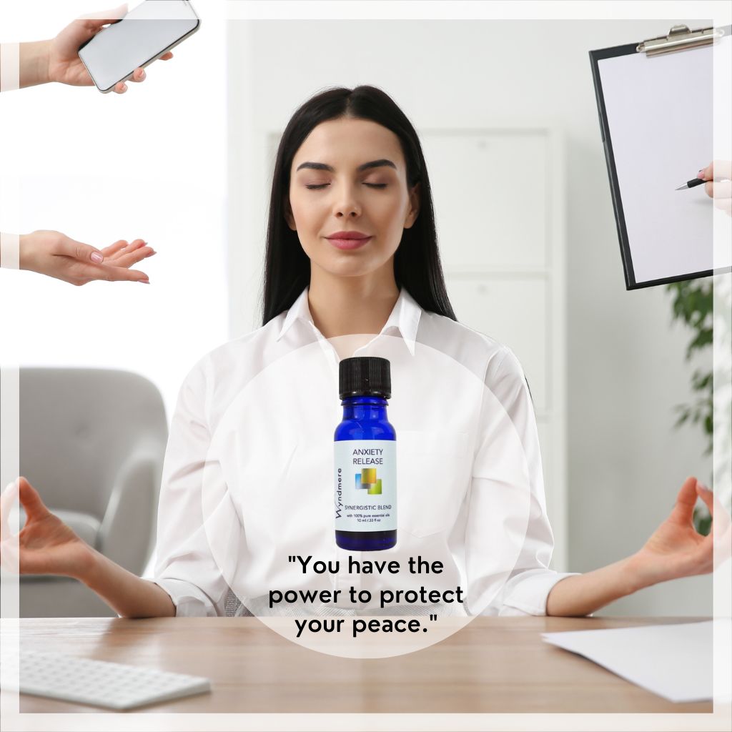 Wyndmere Anxiety Release essential oil blend caption: protect your peace with woman meditating.