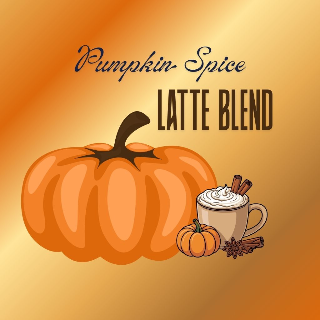Wyndmere essential oil pumpkin Spice Latte Blend with pumpkin and coffee cup illustration on an orange background