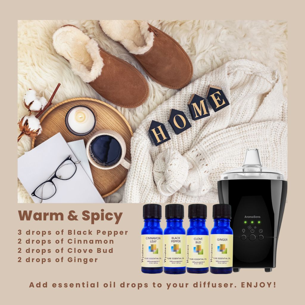 Wyndmere Black Pepper, Cinnamon, Clove Bud, Ginger essential oils, and AromaSens diffuser recipe.