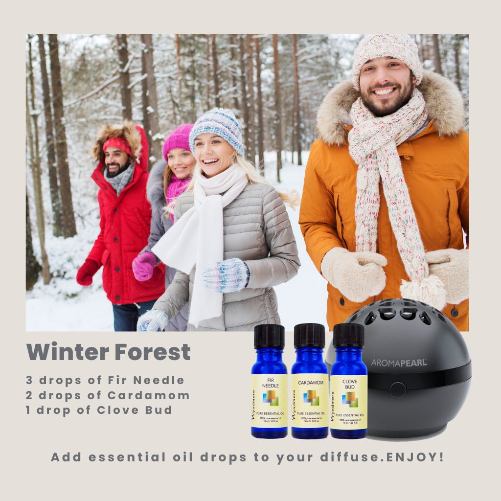 Wyndmere Fir Needle, Cardamom, Clove Bud essential oils, and Black AromaPearl.