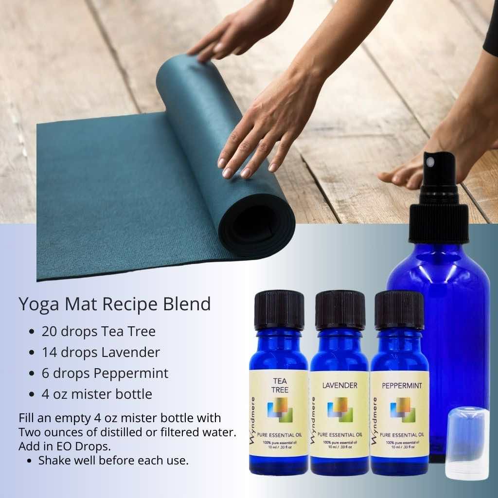 Wyndmere - Yoga Mat Recipe Blend pictured with yoga mat, tea tree, lavender, and peppermint essential oils.