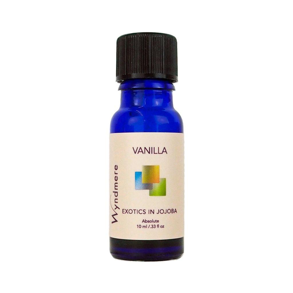 Wyndmere Vanilla Absolute Oil diluted in Jojoba in a 10ml cobalt blue bottle