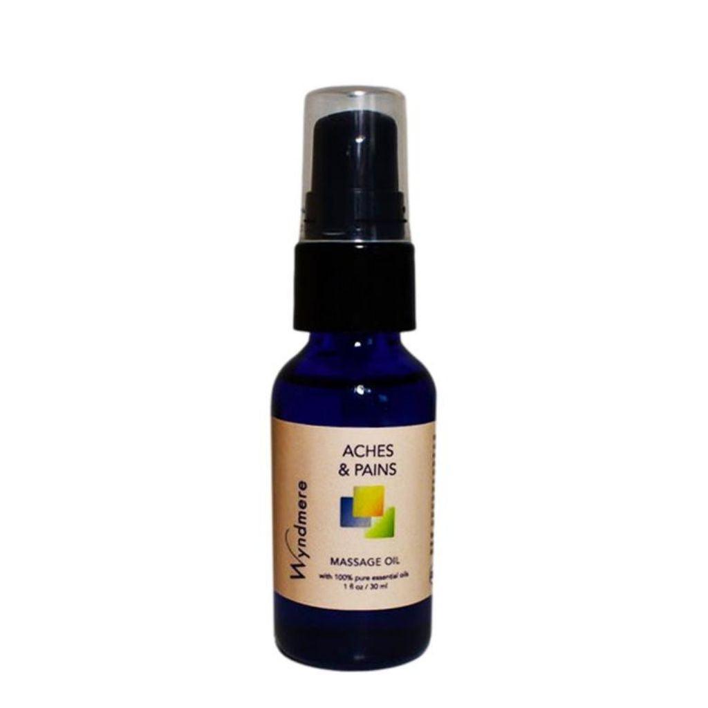 1oz cobalt blue bottle of Aches & Pains Massage Oil