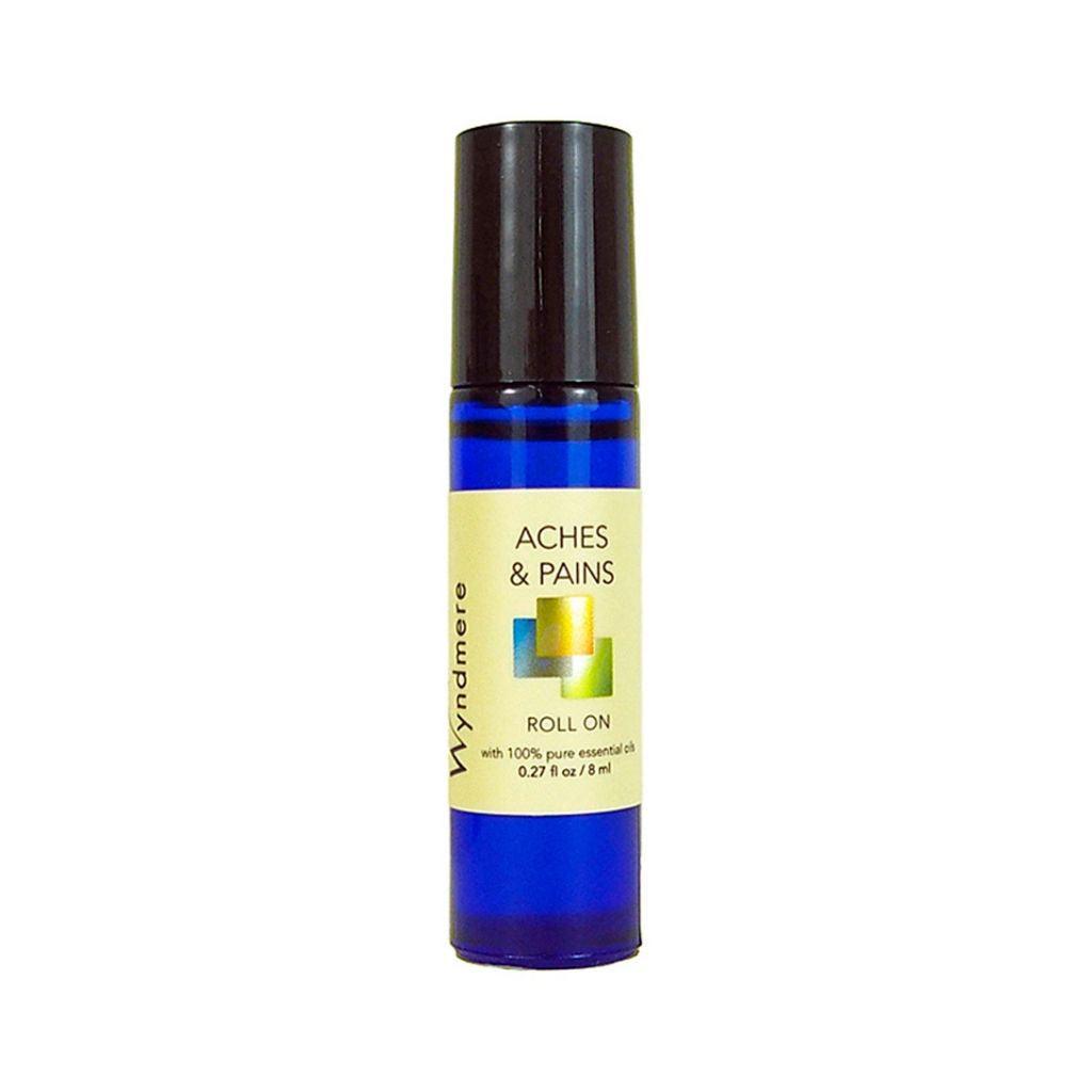 An 8ml cobalt blue roll-on bottle of Aches & Pains blend using the best essential oils for sore muscles.