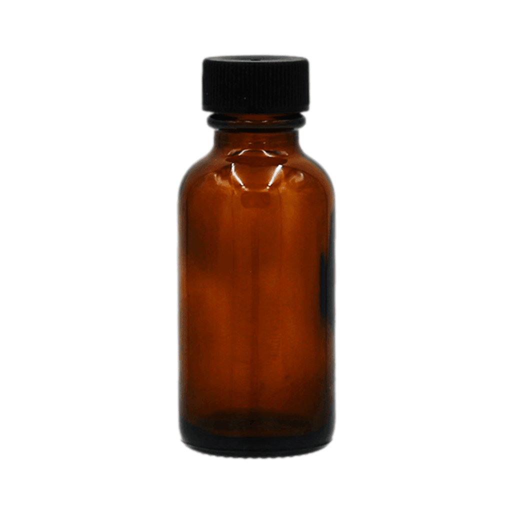 1oz amber boston round glass bottle with black ribbed cap