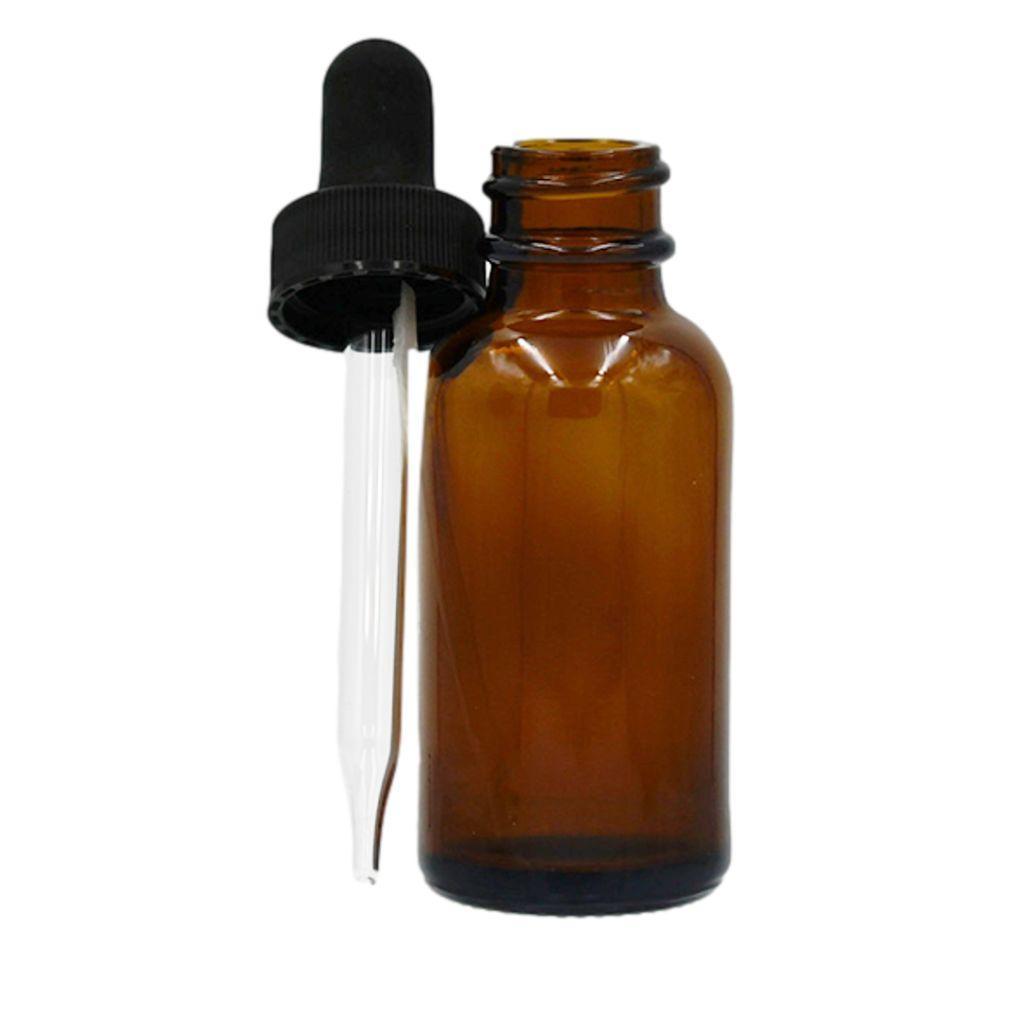 1oz amber boston round glass bottle with a glass dropper with black bulb leaning against it.