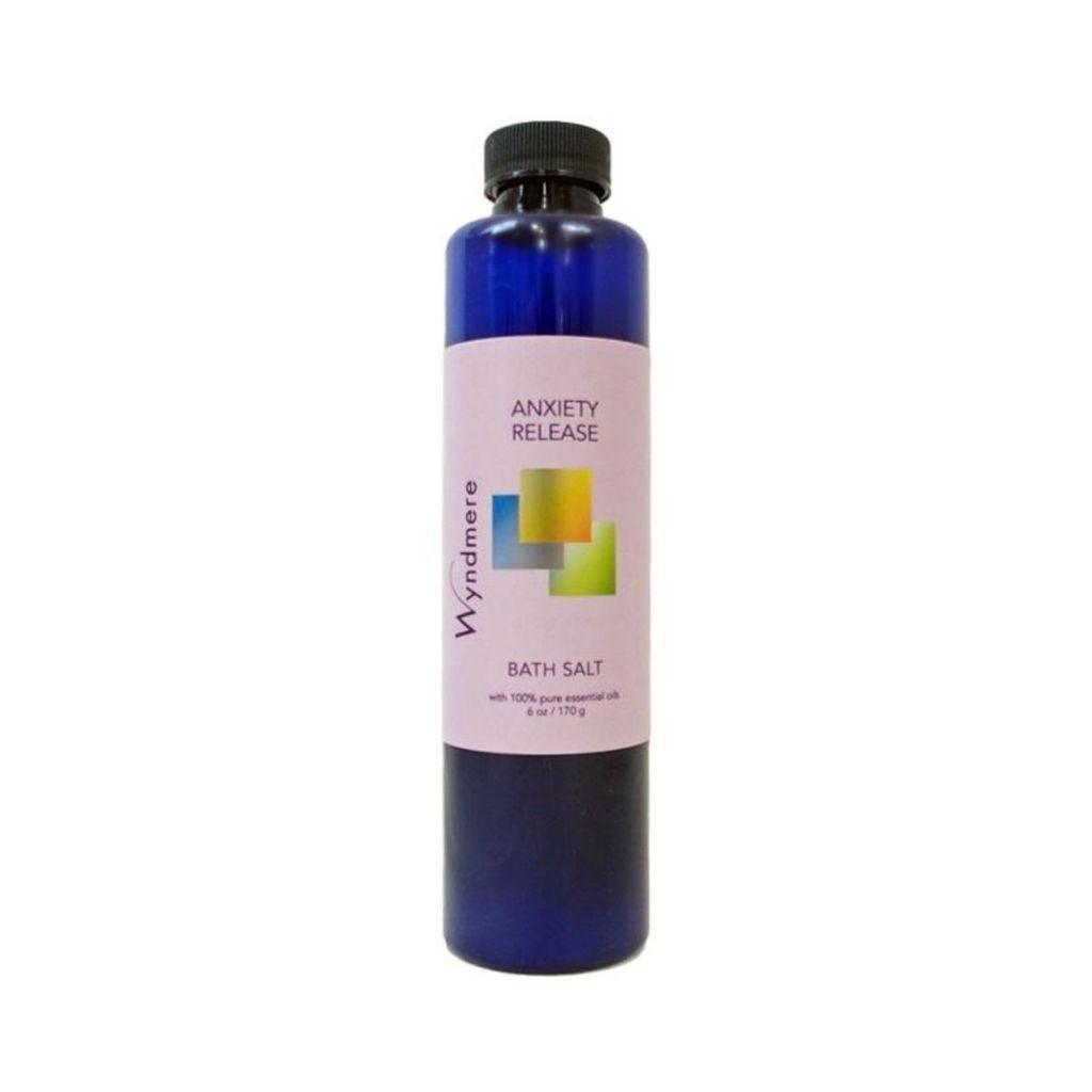 6 ounce cobalt blue bottle of Wyndmere Anxiety Release Bath Salt with the best essential oils to help ease nervous tension.