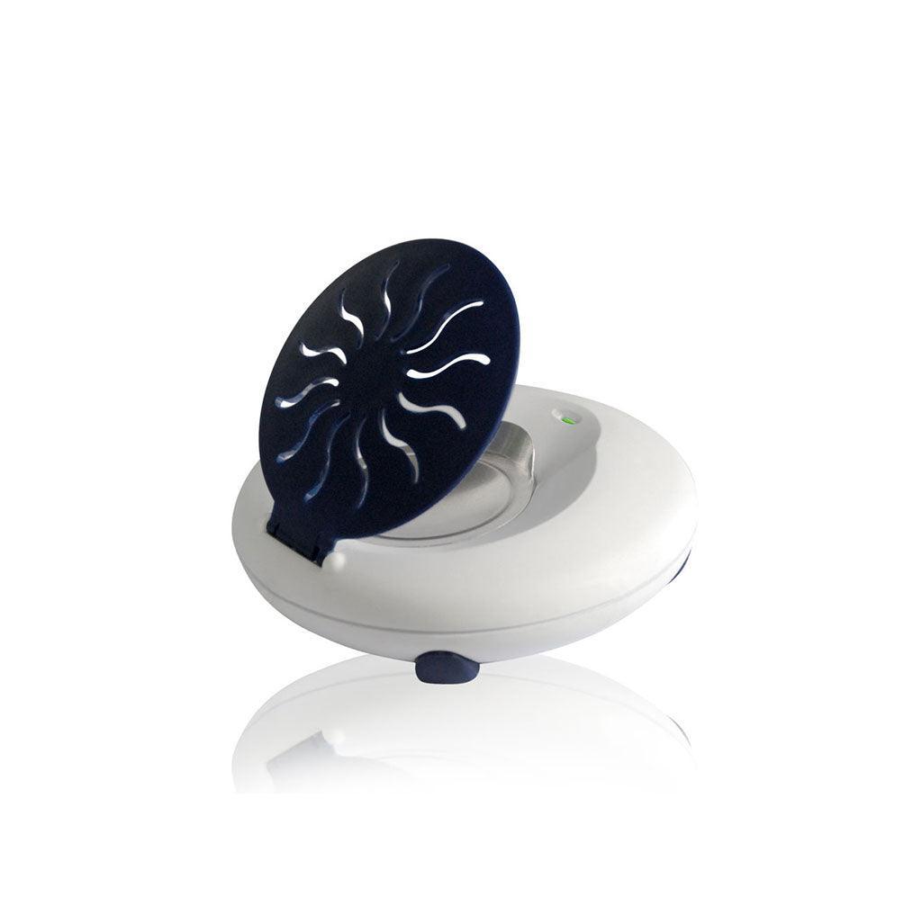 Electric diffuser with white base and blue lid for passive diffusion of essential oils.