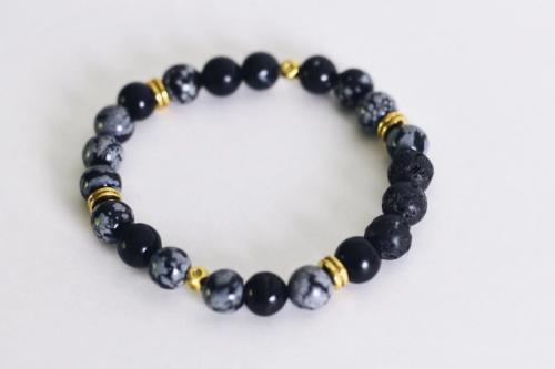 black and charcoal gray beaded aromatherapy bracelet with black lava stones