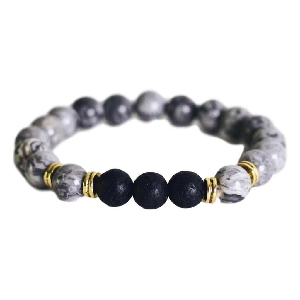 gray beaded aromatherapy bracelet with black lava stones with gold accents