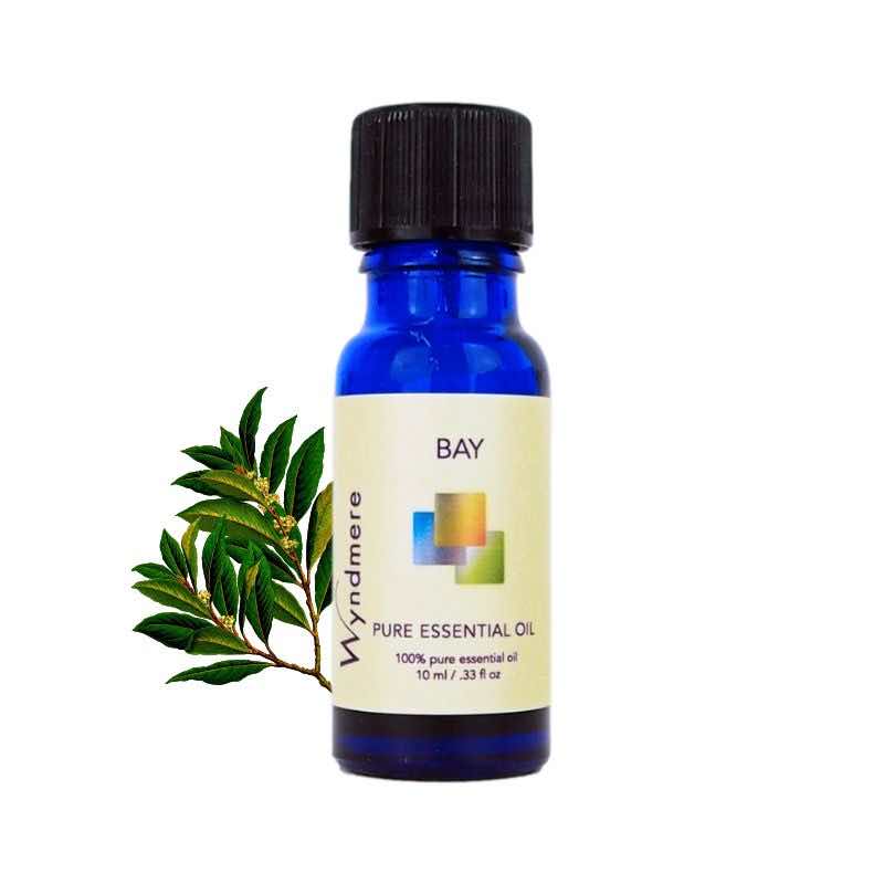 Bay leaves with a 10ml cobalt blue bottle of Wyndmere Bay Essential Oil