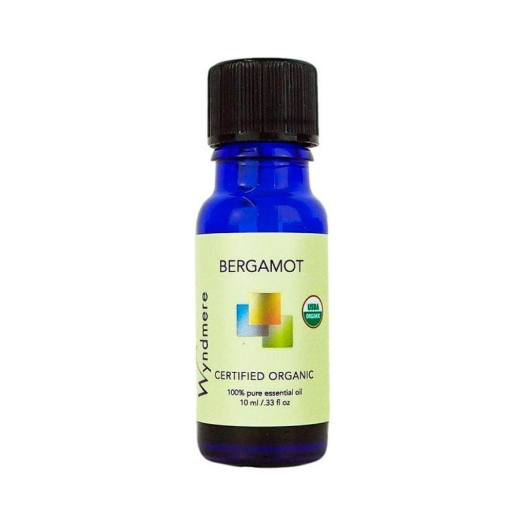 Bergamot - 10ml cobalt blue bottle of Wyndmere Certified Organic Bergamot Essential Oil having a citrusy, floral, uplifting aroma