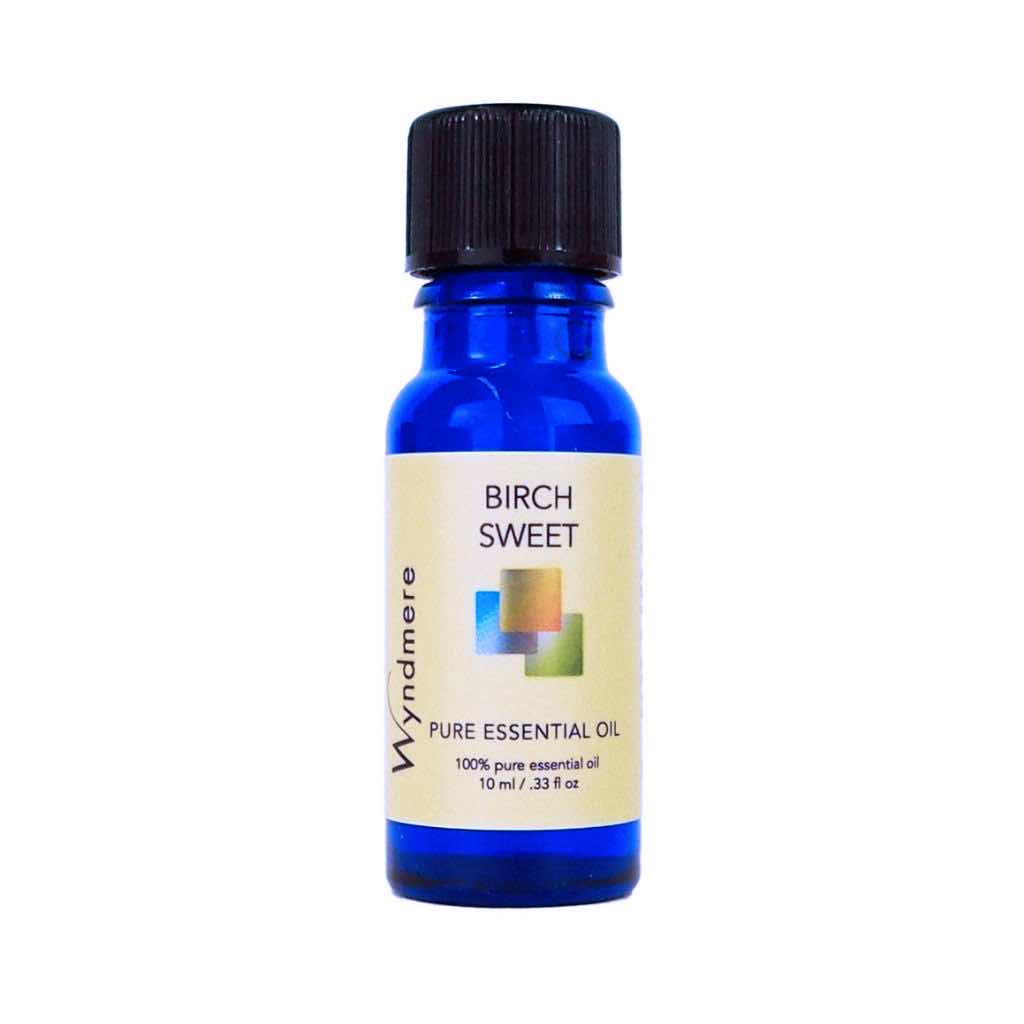 Birch - Cobalt blue bottle of Wyndmere Sweet Birch Essential Oil with a very strong mint aroma. Sold with childproof cap.