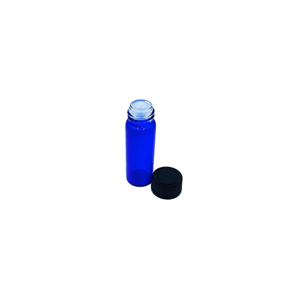 Cobalt blue 1 dram glass bottle with black cap off showing the insert