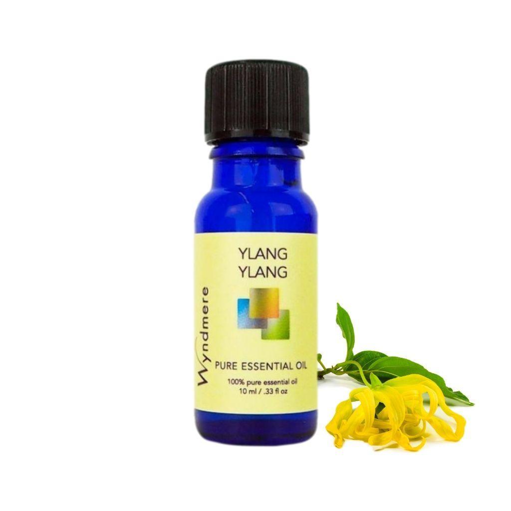 10ml cobalt blue bottle of Ylang Ylang essential oil with sprig of Ylang Ylang flower