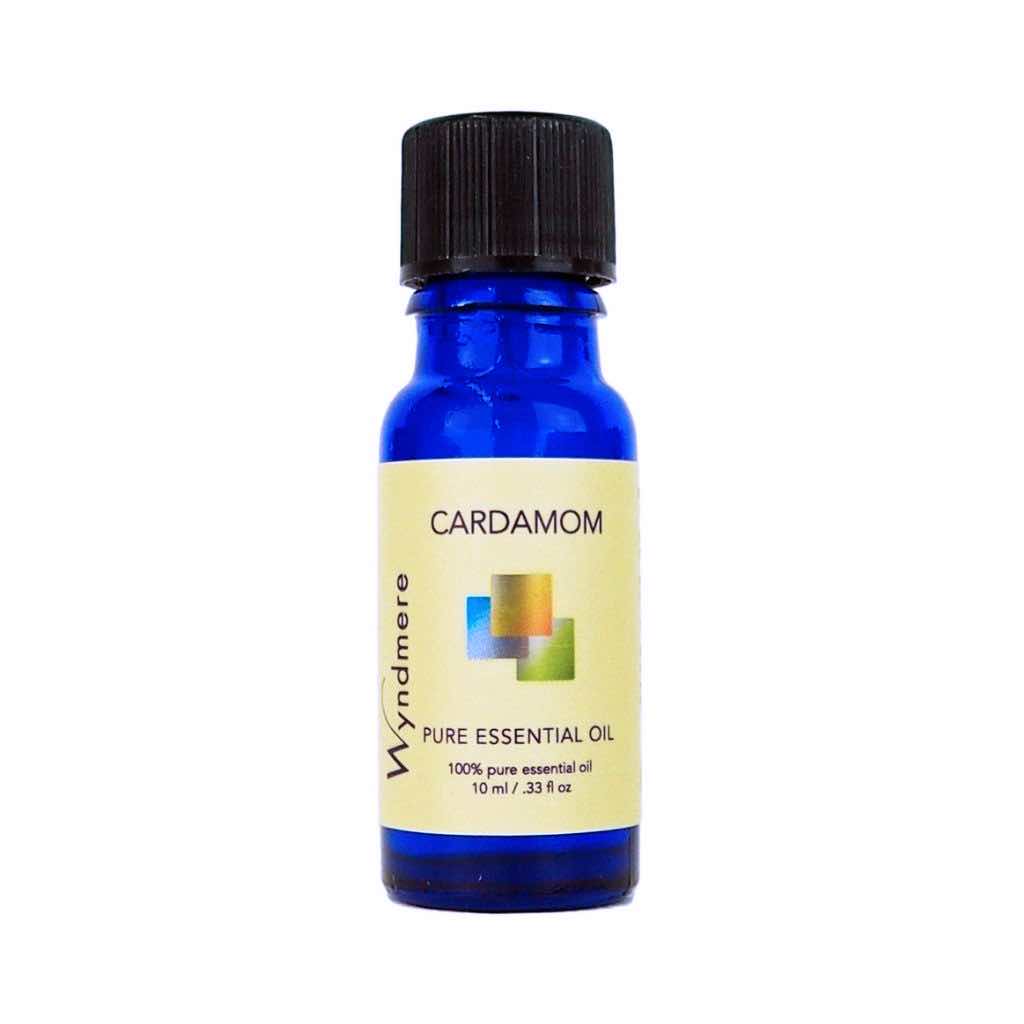 Cardamom - Blue bottle of Wyndmere Cardamom Essential Oil having a spicy, sweet aroma that aids concentration