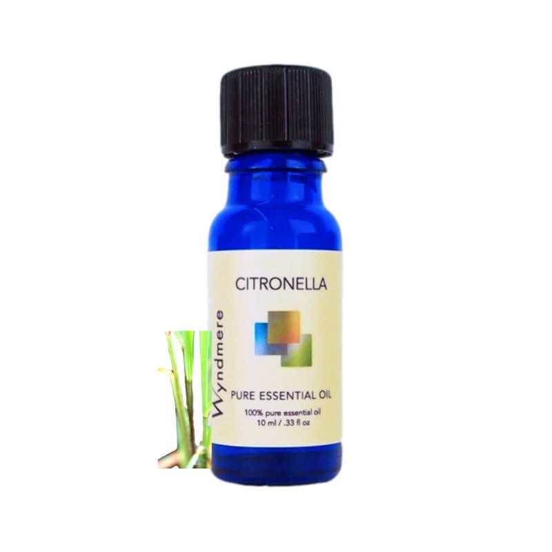 Citronella grass with a 10ml cobalt blue bottle of Wyndmere Citronella Essential Oil