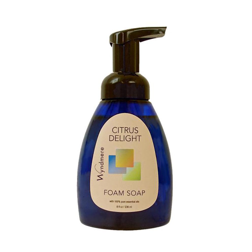 Cobalt blue bottle of Citrus Delight foam soap