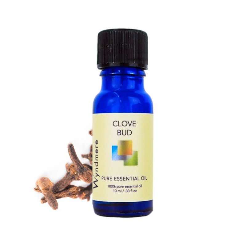 Cloves with a 10ml cobalt blue bottle of Wyndmere Clove Bud Essential Oil
