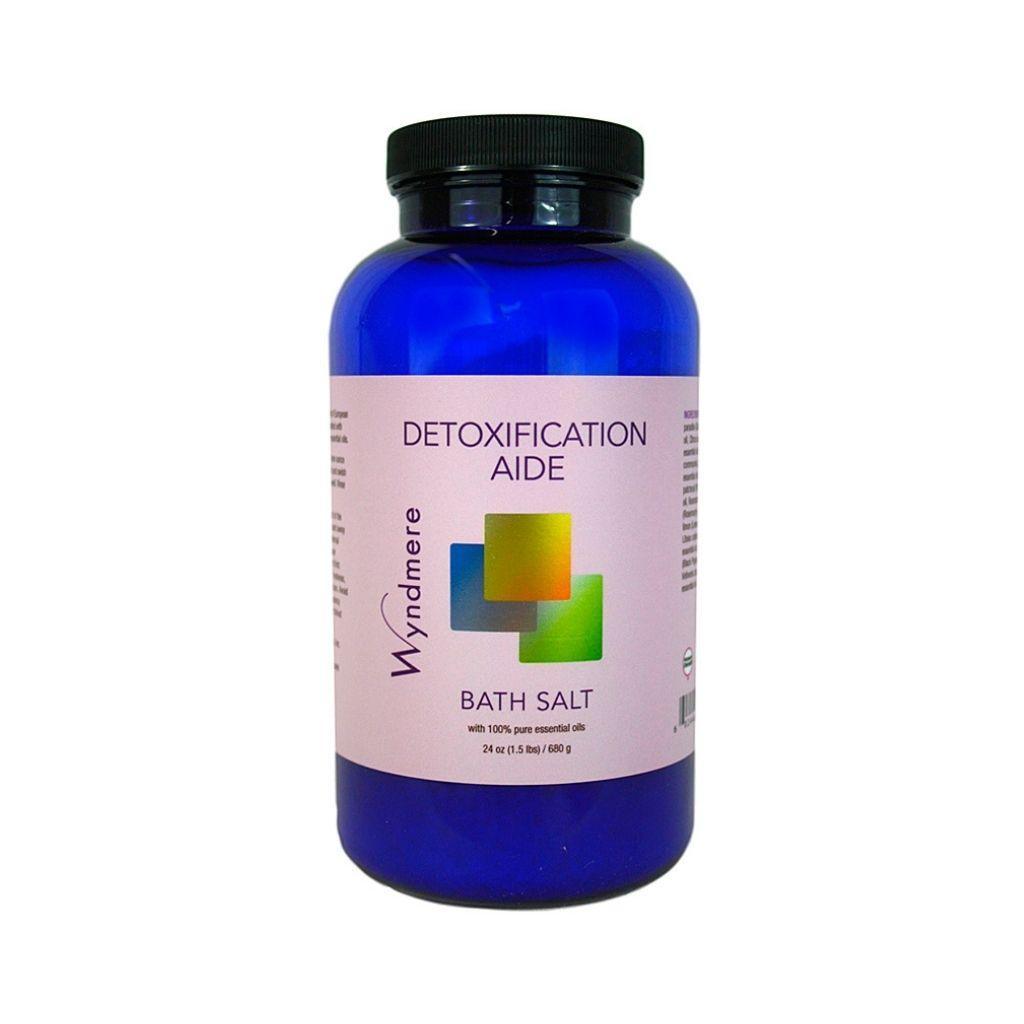 24 ounce cobalt blue bottle of Wyndmere Detoxification Aide Bath Salt to help detox the body naturally