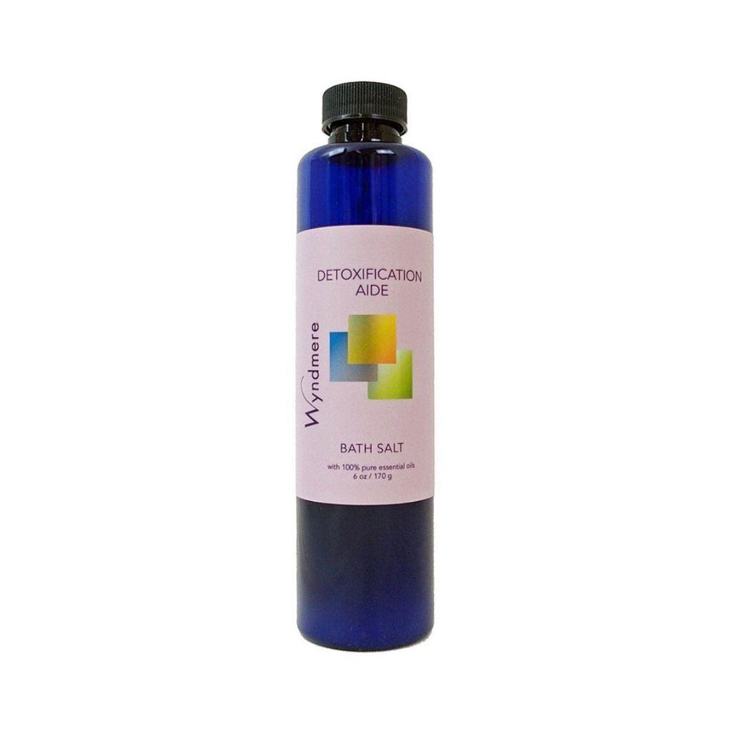 6 ounce cobalt blue bottle of Wyndmere Detoxification Aide Bath Salt to help detox the body naturally