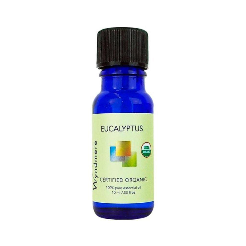 Eucalyptus - Blue bottle of Wyndmere Certified Organic Eucalyptus globulus Essential Oil with a fresh, camphorous aroma