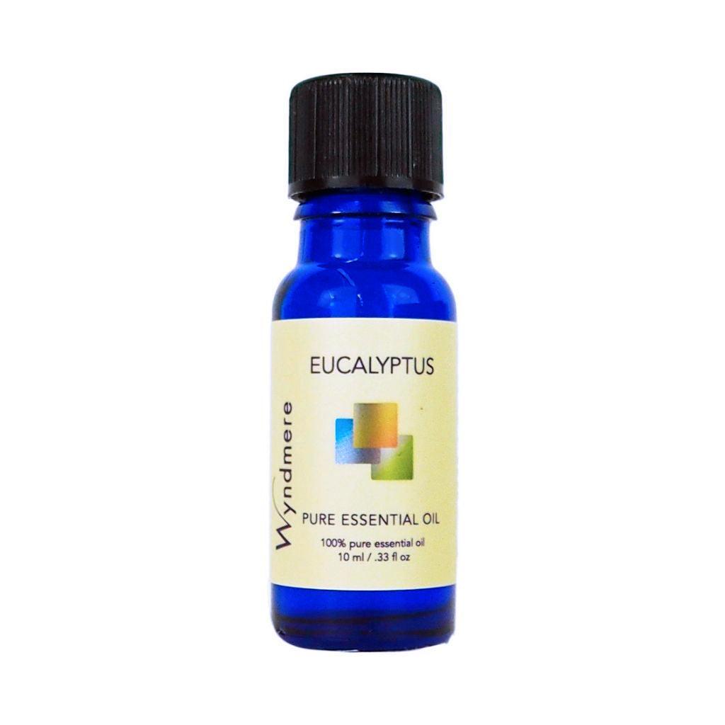Eucalyptus - Blue bottle of Wyndmere Eucalyptus globulus Essential Oil with a fresh, camphorous aroma. Sold with childproof cap.