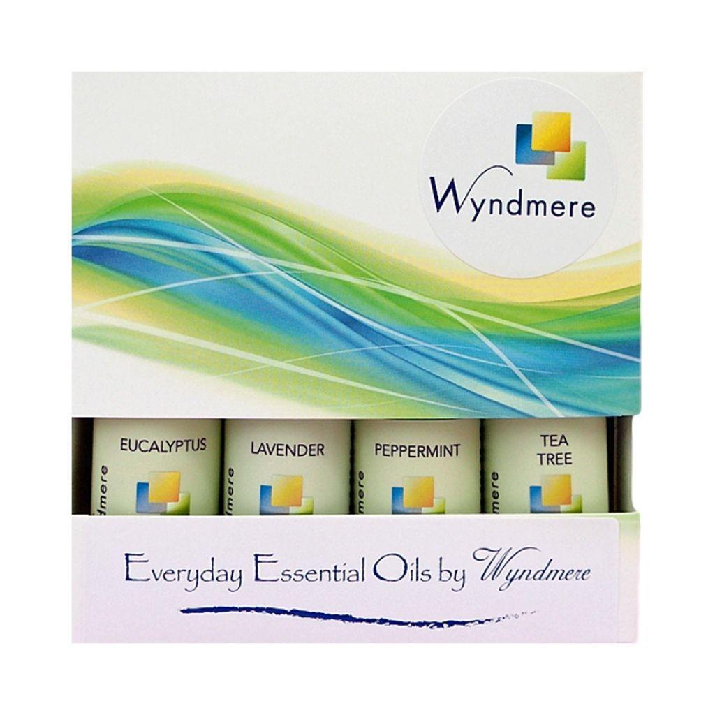 Decorative box of 4 popular essential oils that support your health. and everyday wellness