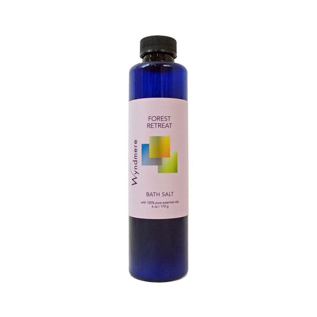 6 ounce cobalt blue bottle of Wyndmere Forest Retreat Bath Salt to help find inner peace and calm