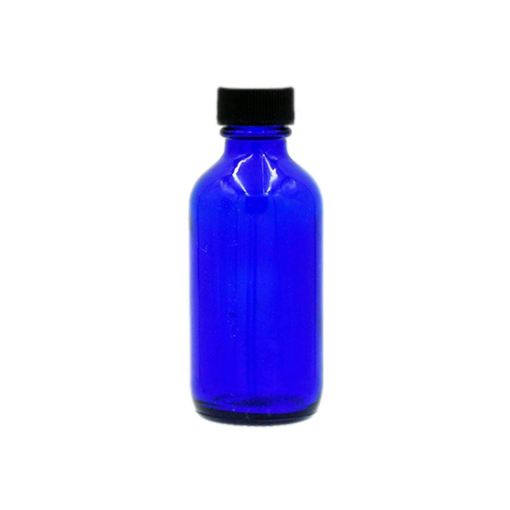 2 oz cobalt blue boston round glass bottle with black cap, use for DIY projects or storage
