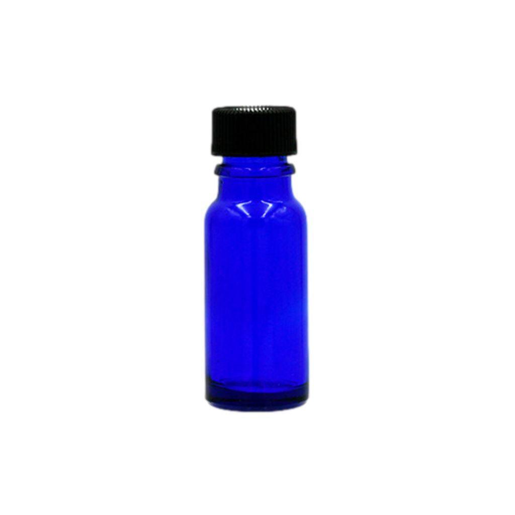 1/2 oz cobalt blue boston round glass bottle with black cap