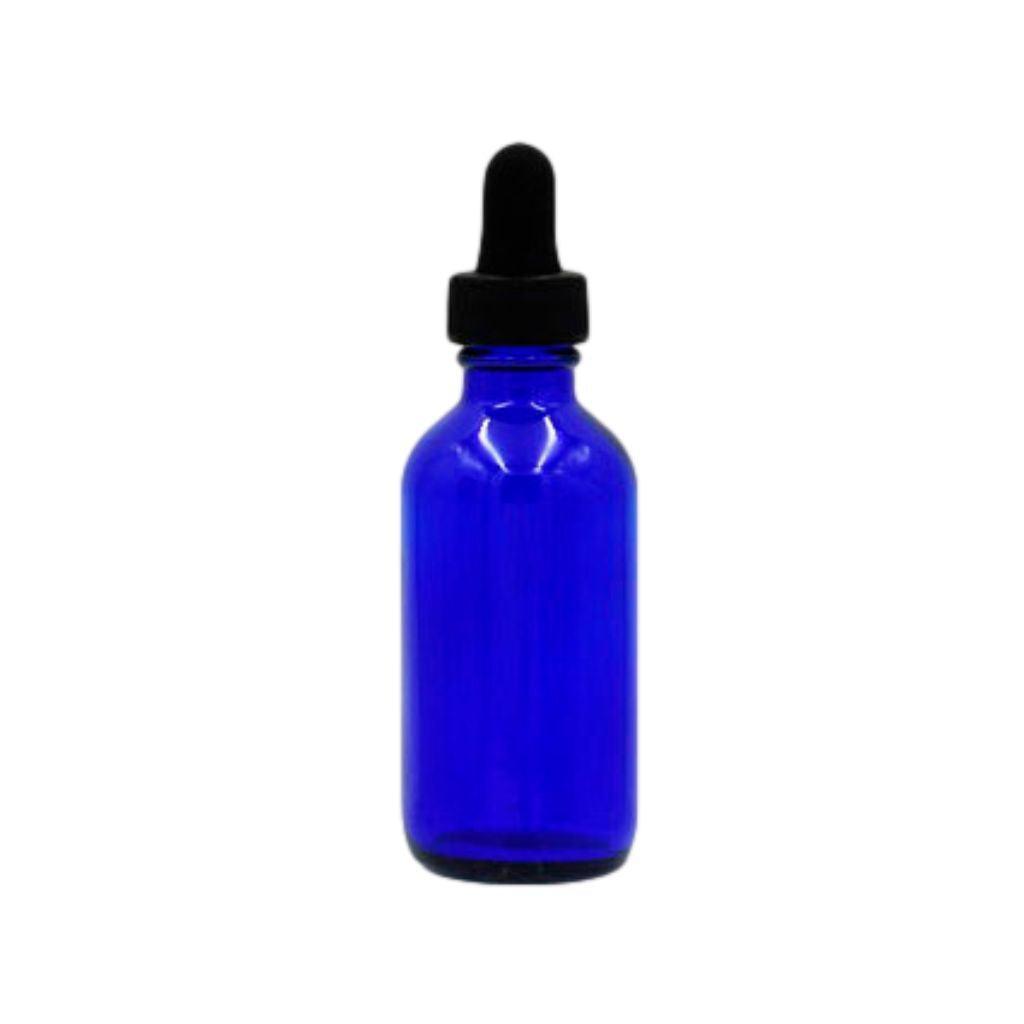 1oz cobalt blue boston round glass bottle with black dropper