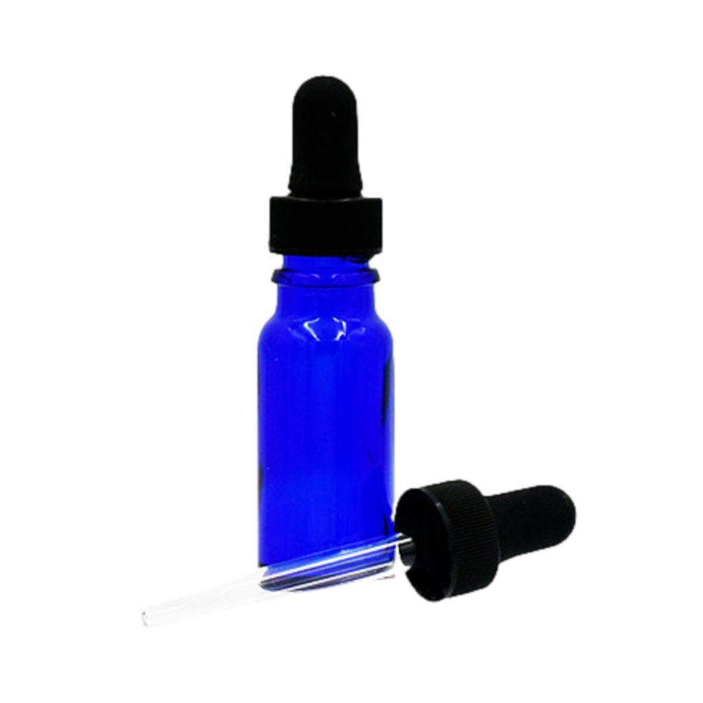 1/2oz cobalt blue boston round glass bottle with black dropper