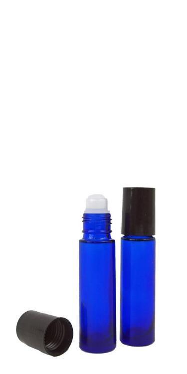 8ml cobalt blue glass bottles with roll on insert and smooth black walled cap