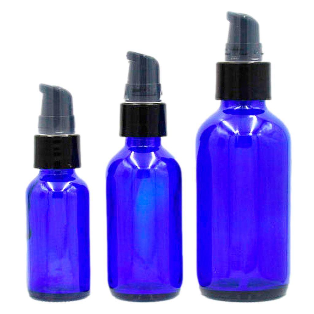 1oz-2oz-4oz size cobalt blue boston round glass bottles with black smooth walled treatment pump and clear hood