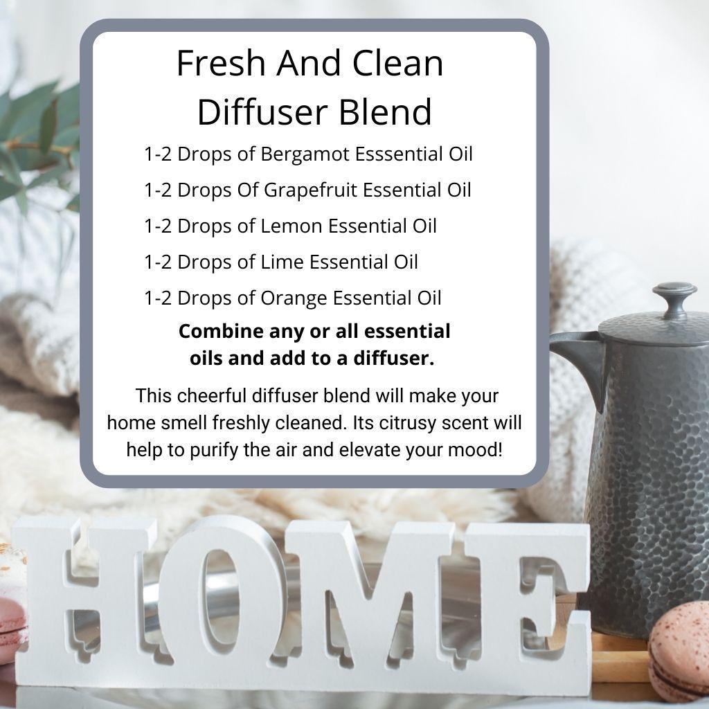 Recipe card for the Fresh And Clean diffuser blend, a bright citrus scent for your home