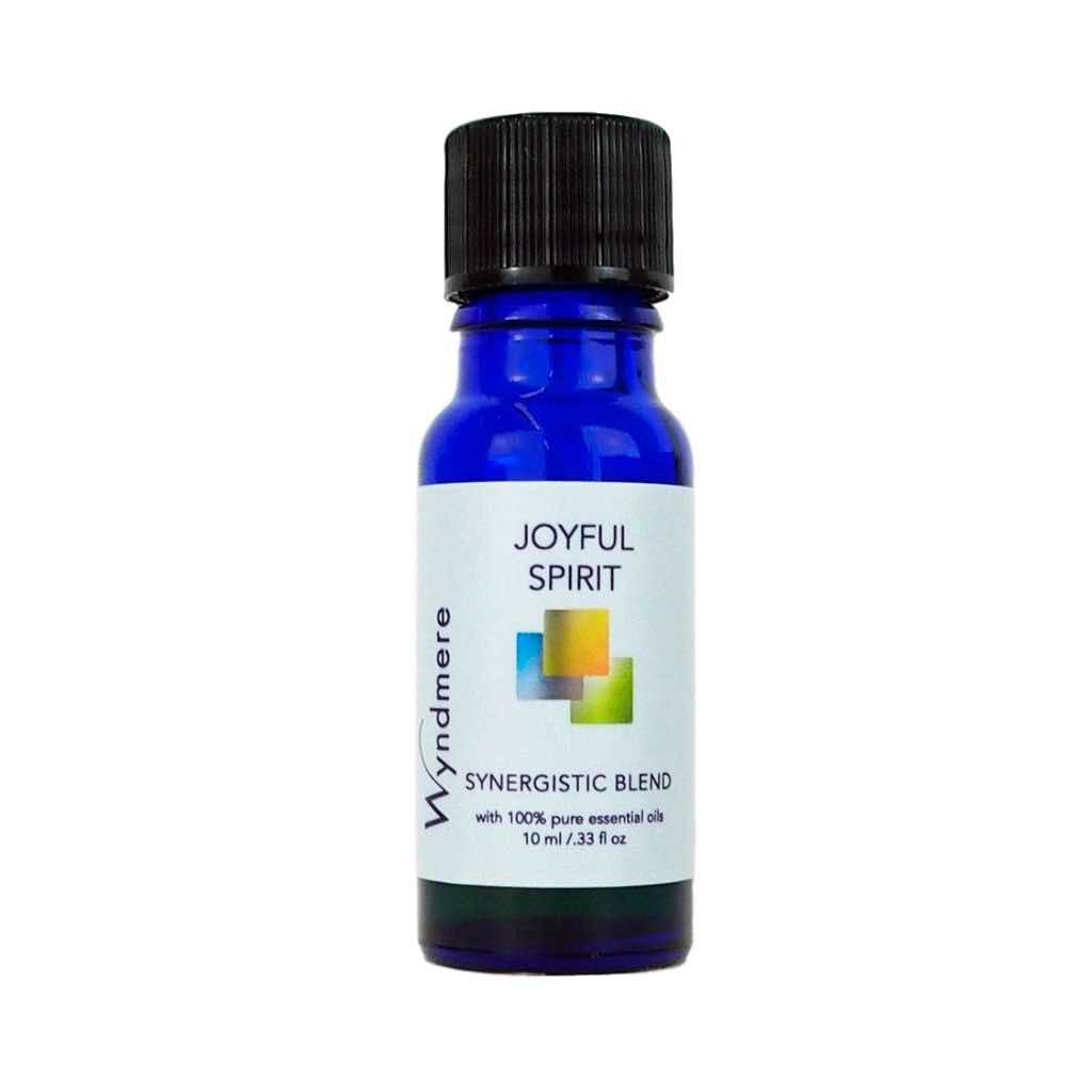 Joyful Spirit uplifting and cheerfully energizing essential oil blend in a 10ml cobalt blue bottle.