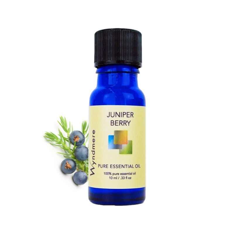 Berry laden juniper sprig with a 10ml cobalt blue bottle of Wyndmere Juniper Berry Essential Oil