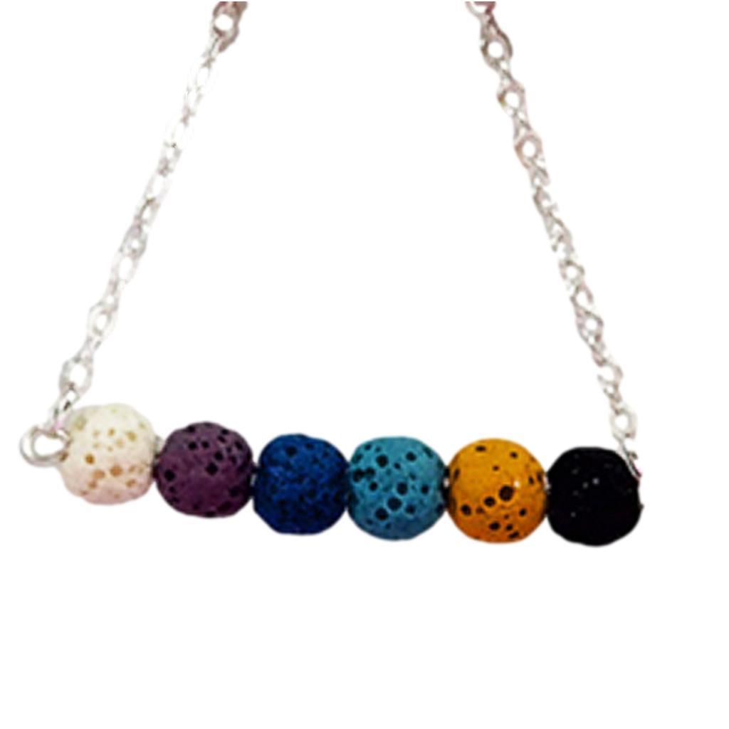 aromatherapy necklace of 6 multicolored lava beads on a silver chain