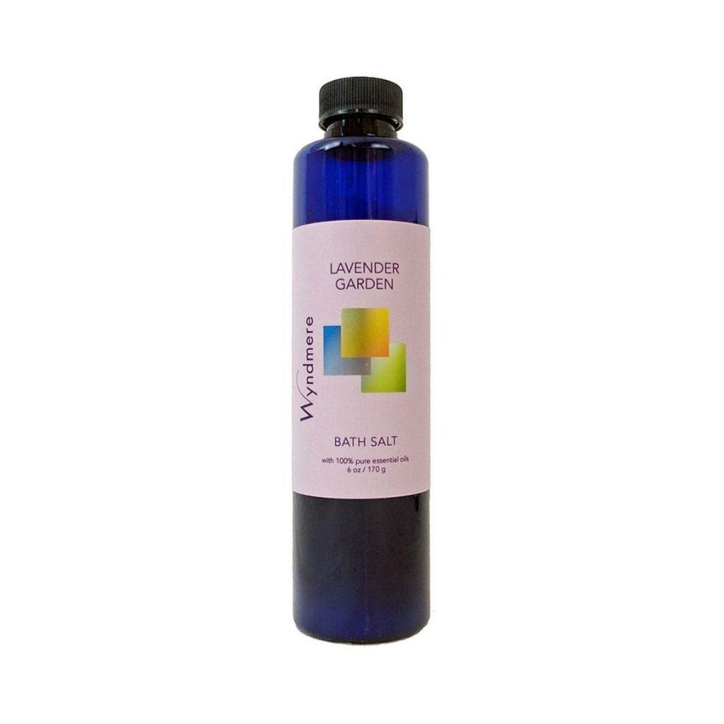 6 ounce cobalt blue bottle of Wyndmere Lavender Gardens Bath Salt made with calming and restful essential oils