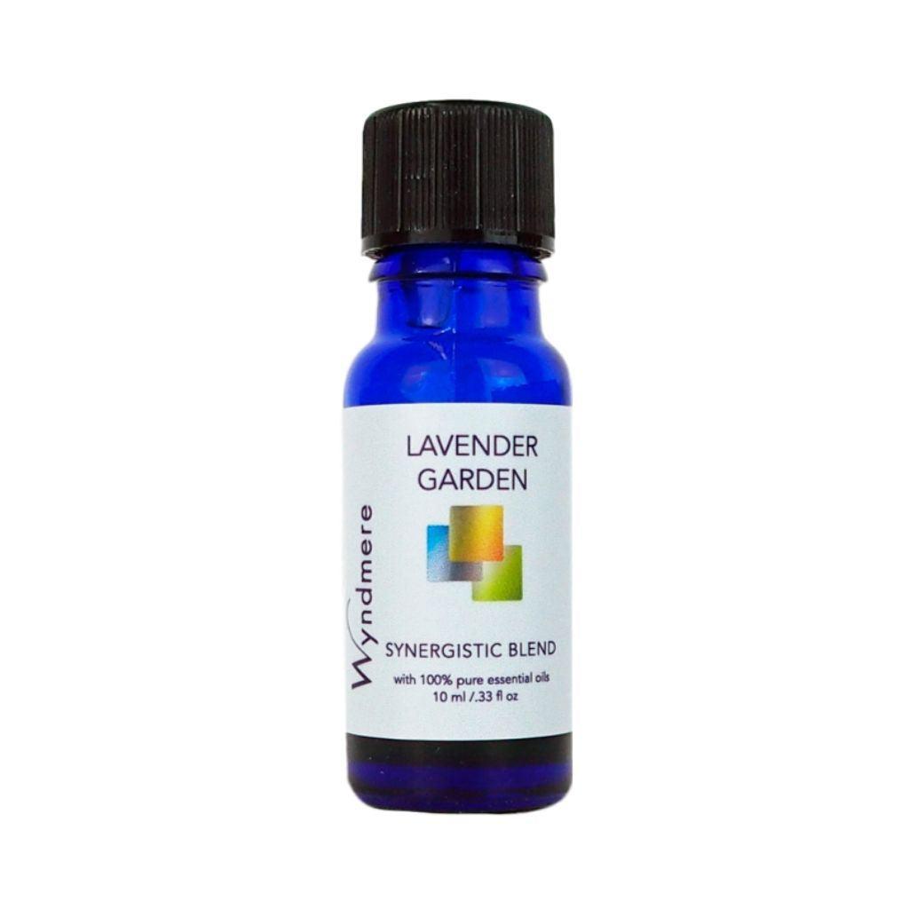A calming and restful essential oil blend of Lavender Garden in a 10ml cobalt blue bottle.