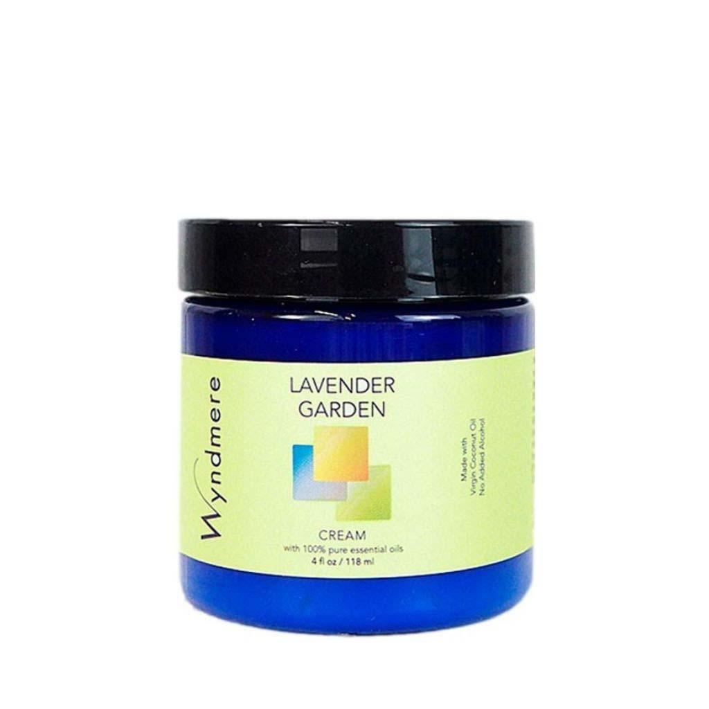 A 4oz cobalt blue jar of Wyndmere Lavender Garden moisturizing cream
