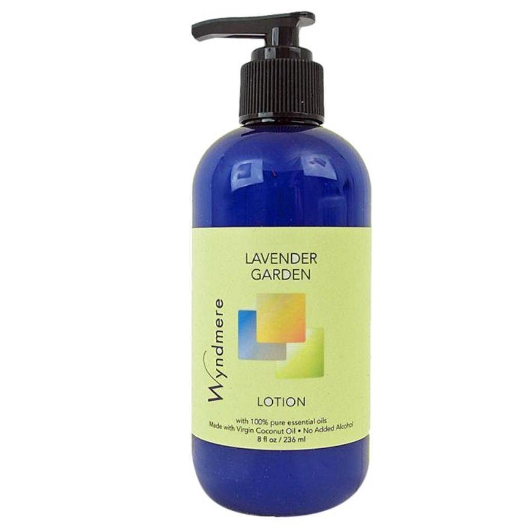 An 8oz cobalt blue bottle of Lavender Garden Lotion using the best essential oils for calming and relaxation