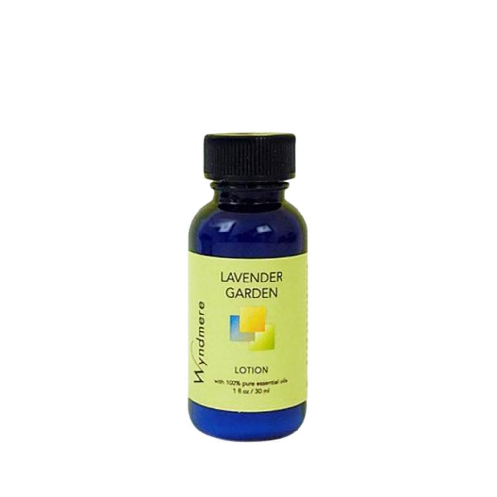 A 1oz cobalt blue bottle of Wyndmere Lavender Garden Lotion
