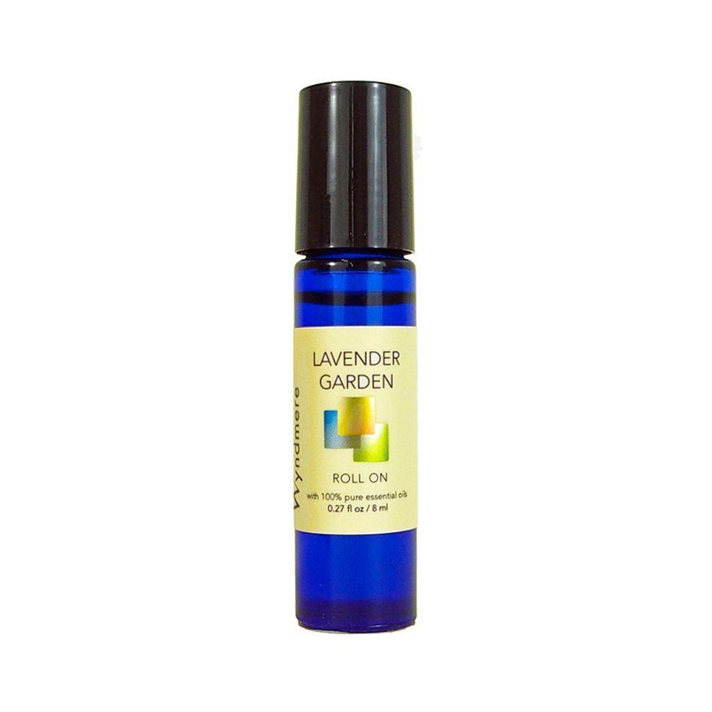 A cobalt blue roll-on bottle of Wyndmere Lavender Garden