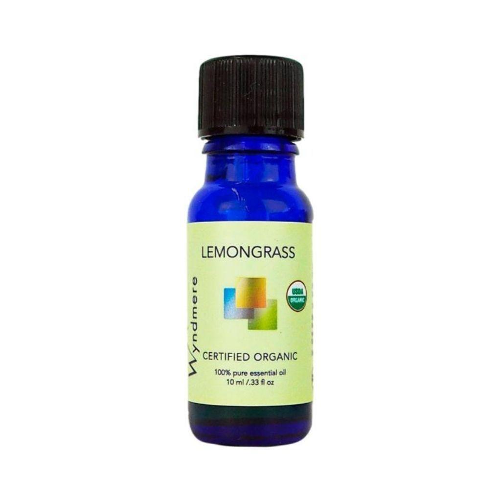 Lemongrass - Blue bottle of Wyndmere Certified Organic Lemongrass Essential Oil that has a grassy, lemon scent. Used in outdoor products.