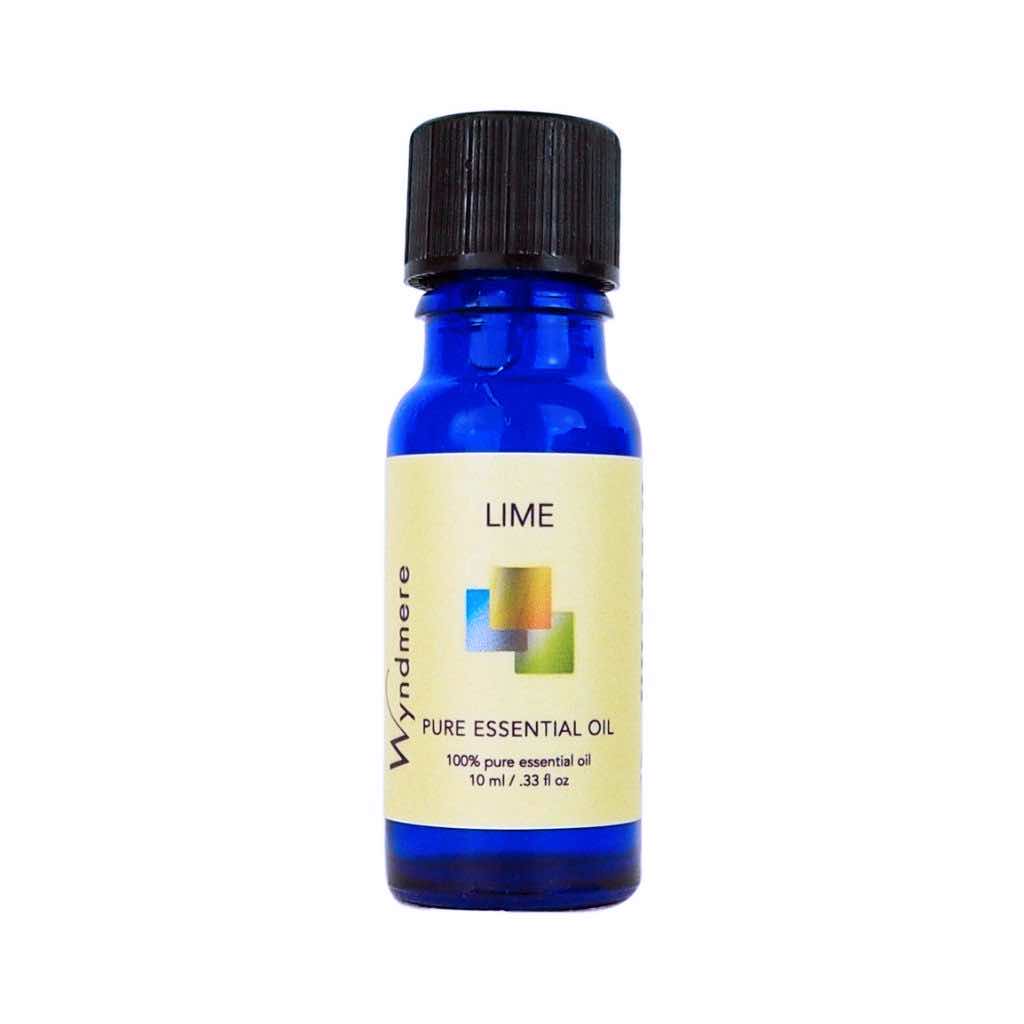 Lime - 10ml cobalt blue bottle of Wyndmere Lime Essential Oil that has a citrus, energizing aroma