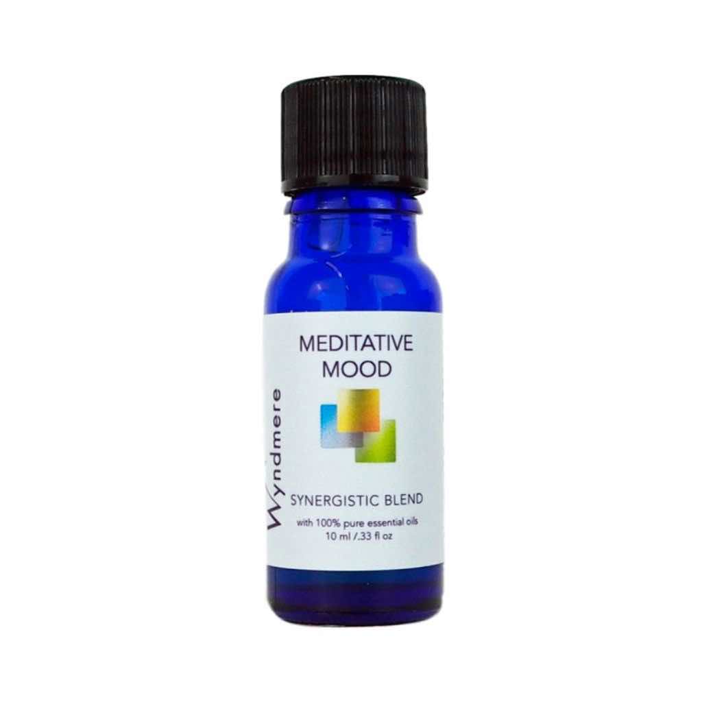 Meditative Mood essential oil blend in a 10ml cobalt blue bottle that helps relaxation and encourages meditation.