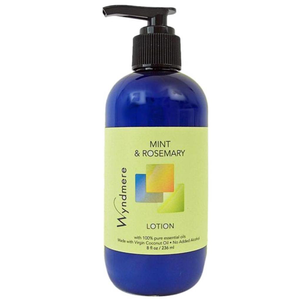 Mint &amp; Rosemary Lotion in an 8oz cobalt blue bottle with cooling and energizing essential oils
